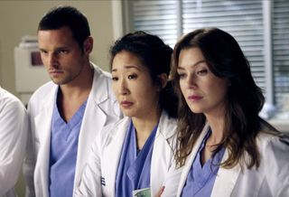 three doctors in white lab coats in Grey's Anatomy