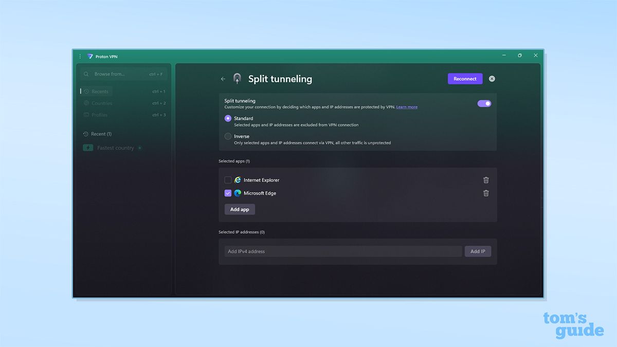 Proton VPN's split tunneling tab on its Windows app. There are options to set split tunneling for standard (selected) on inverse.