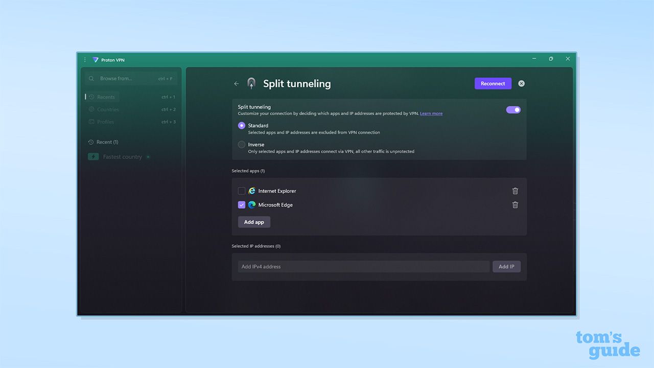Proton VPN's split tunneling tab on its Windows app. There are options to set split tunneling for standard (selected) on inverse.