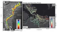 (Right) A map of vertical land motion on the East Coast; (Left) Primary, secondary, and interstate roads on Hampton Roads, Norfolk, and Virginia Beach, Virginia with red and yellow indicating areas of sinking.