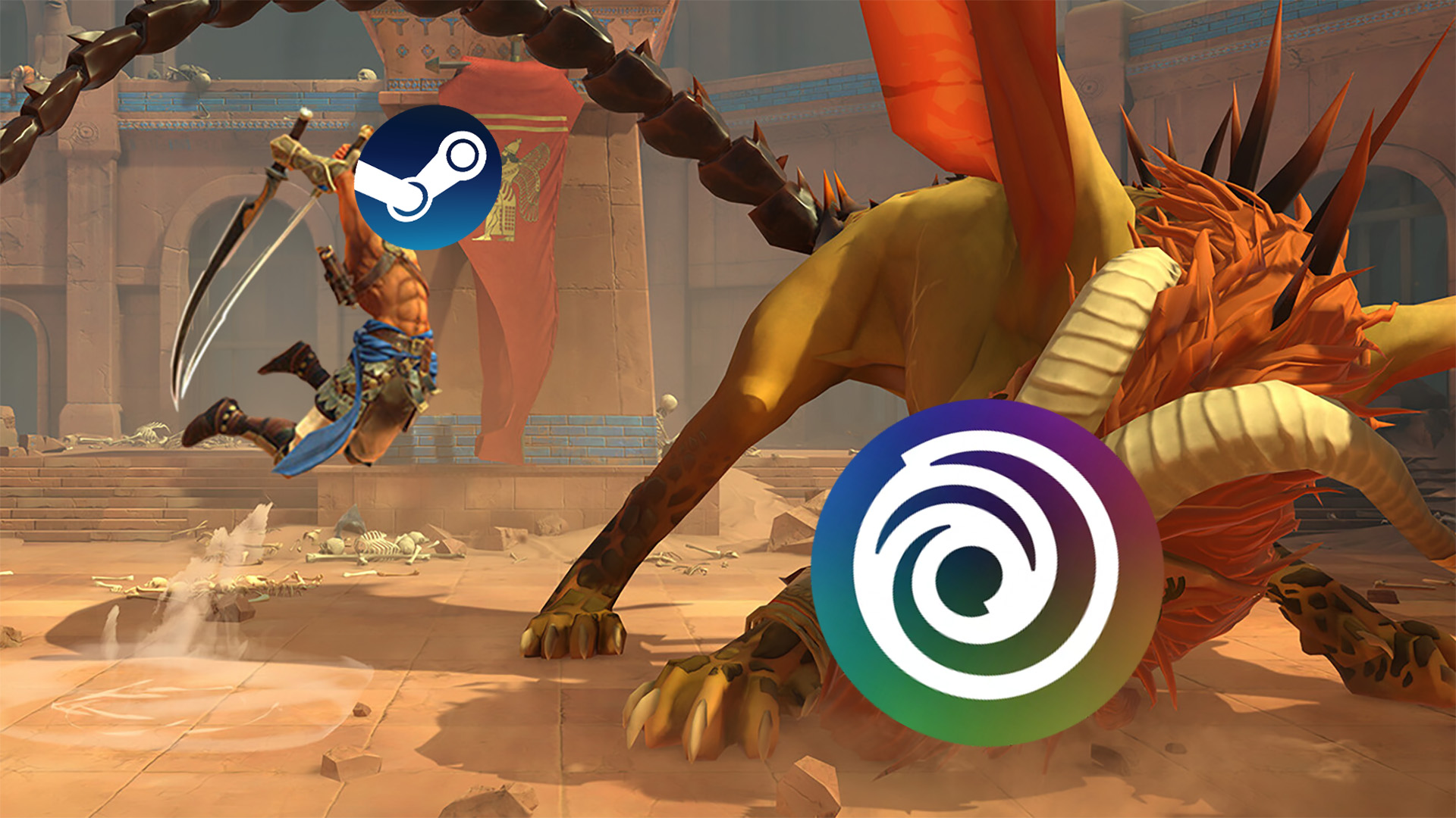 A screenshot from Prince of Persia: The Lost Crown showing a battle scene. The Steam logo is placed over the warrior&rsquo;s head, and the Ubisoft logo is placed over the creature&rsquo;s head.