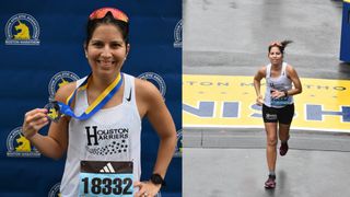 Two images side by side of Emilia Benton holding her Boston Marathon finisher’s medal and Emilia Benton crossing the Boston Marathon finish line