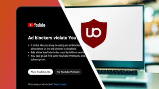 A laptop showing YouTube&#039;s ad blockers message next to a laptop showing UBlock Origin