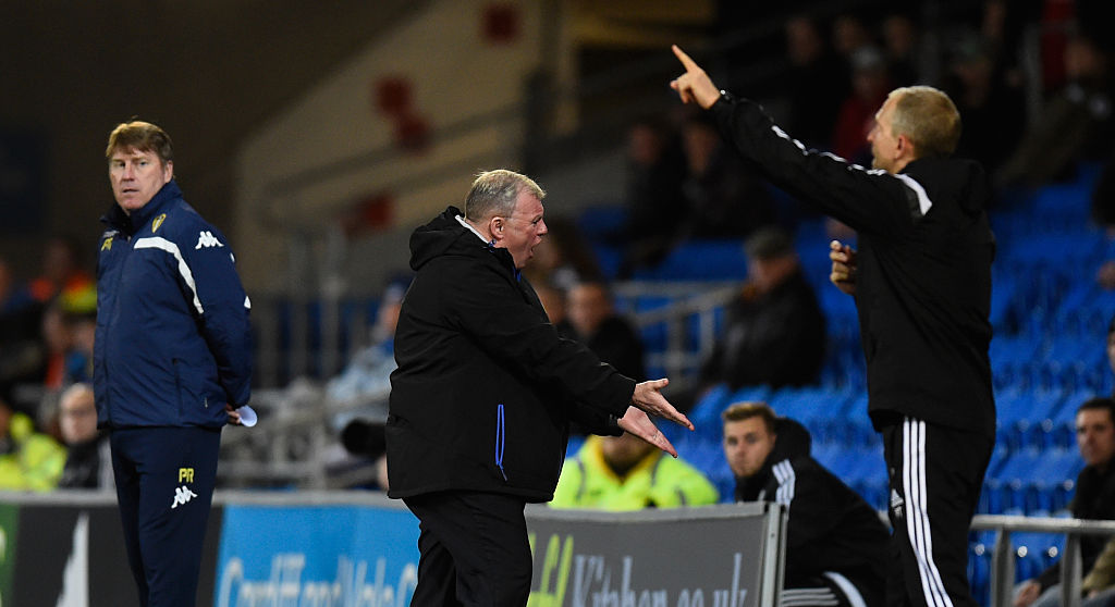 Leeds manager Steve Evans (c) reacts during the Sky Bet Championship match between Cardiff City and Leeds United at Cardiff City Stadium on March 8, 2016 in Cardiff, United Kingdom.