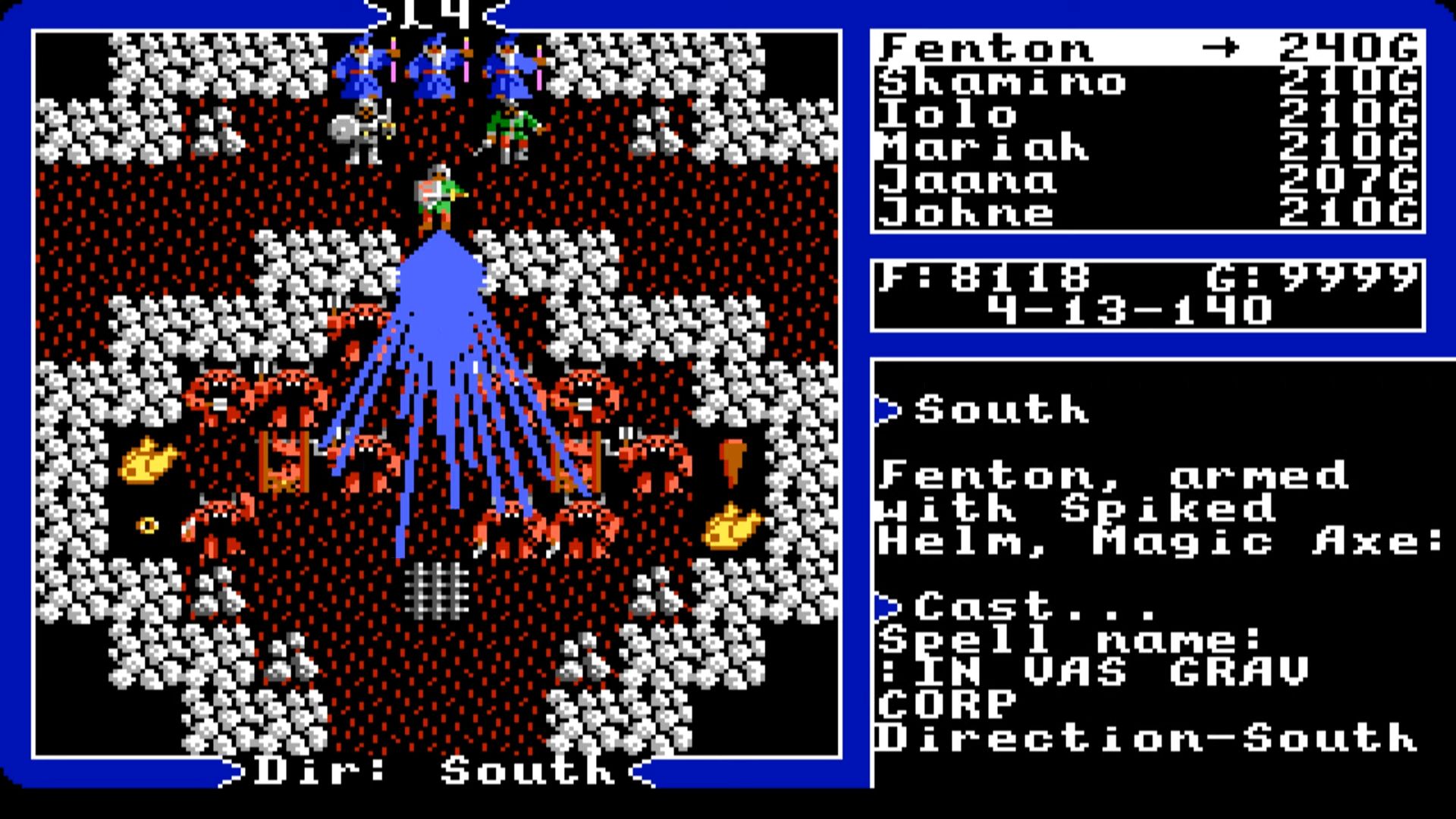 A spellcaster casts a deadly cone-shaped spell at a group of minotaurs