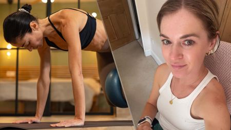 a photo of a woman doing a bear plank and fitness editor Jane McGuire