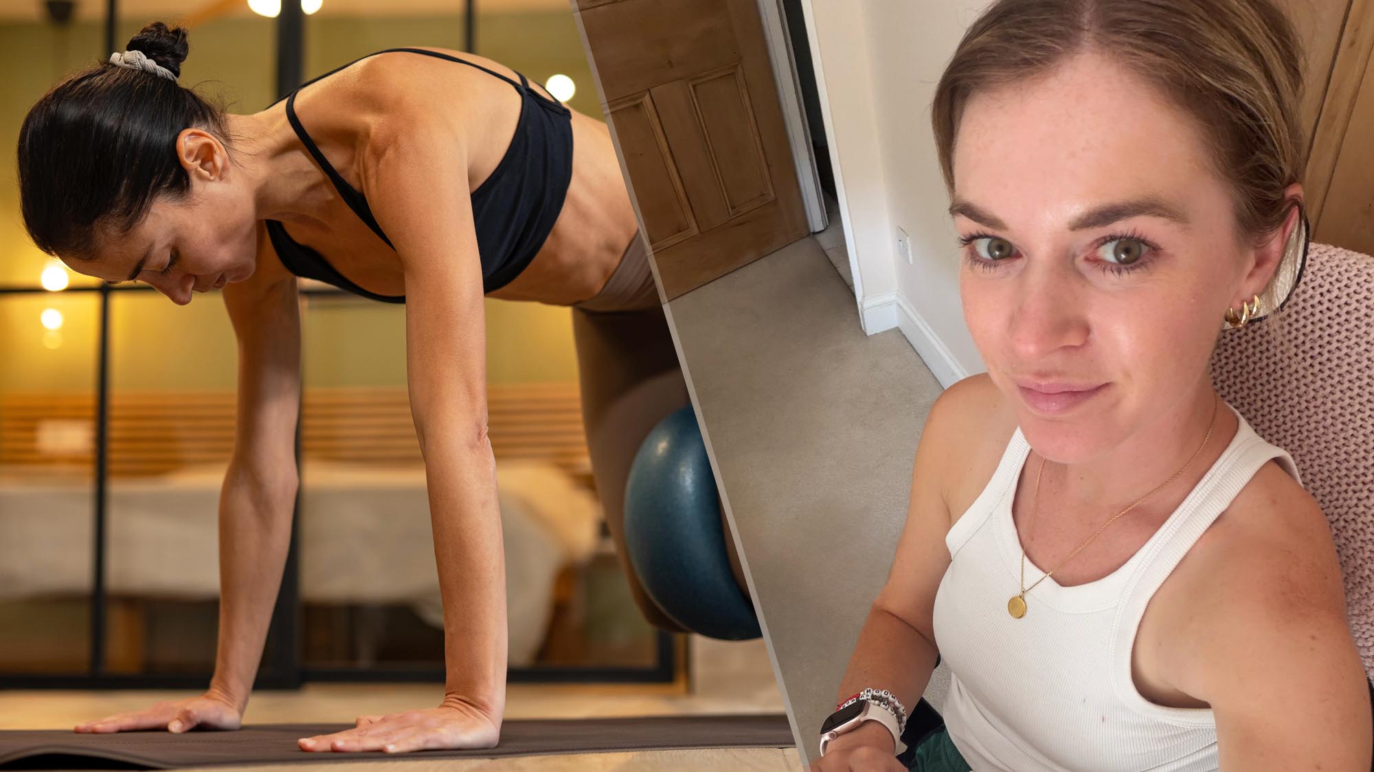 a photo of a woman doing a bear plank and fitness editor Jane McGuire 