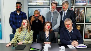 Ian Fletcher (Hugh Bonneville), Siobhan Sharpe (Jessica Hynes), Will the intern (Hugh Skinner) and Tracey Pritchard (Monica Dolan) posing with red noses