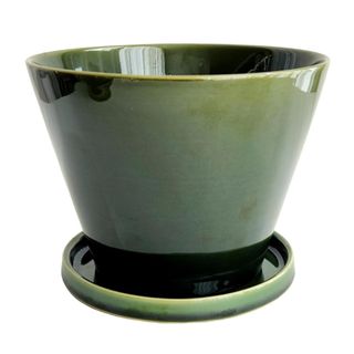 Emerald Green Glazed Ceramic Planter with Drainage Hole & Saucer