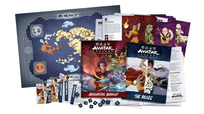 Conjunto básico de RPG de Avatar Legends que incluye reglas abreviadas y folleto de aventuras.