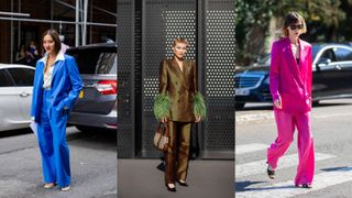 A composite of street style influencers wearing christmas party outfits a suit