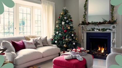 picture of living room with christmas tree and decorations in it