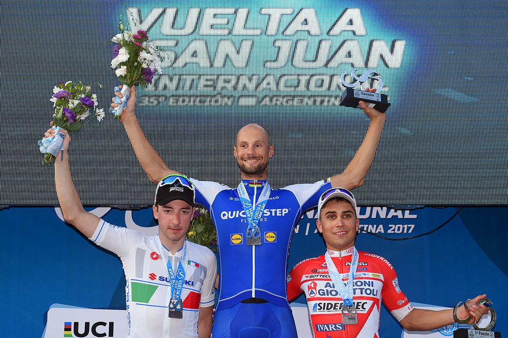 Elia Viviani, Tom Boonen and Matteo Malucelli on the podium