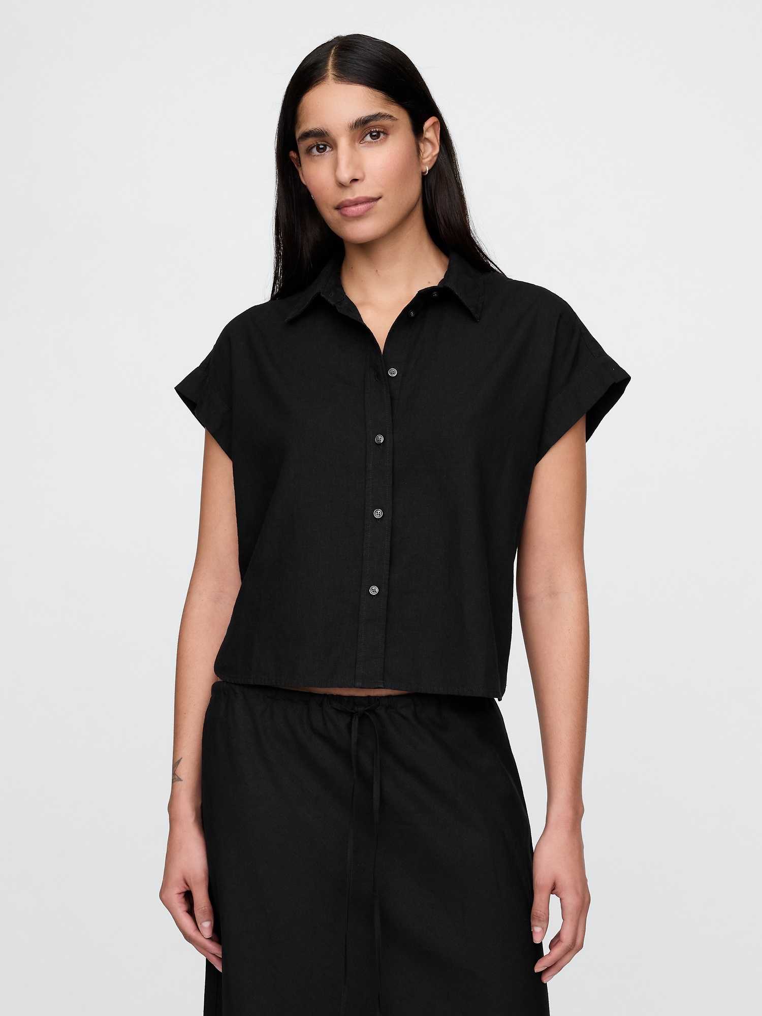 Gap, Linen-Blend Cropped Shirt