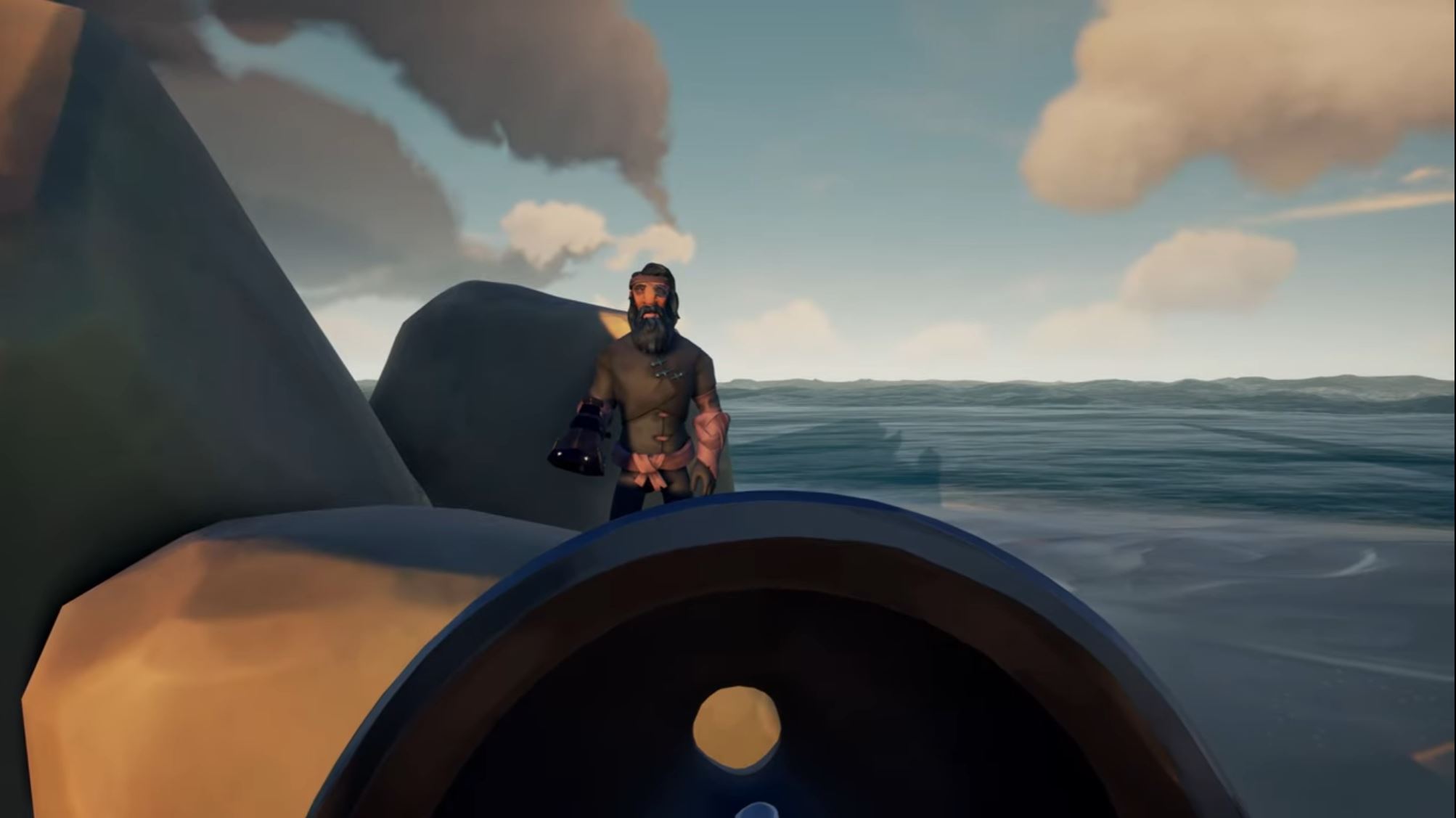 pirate whispering down his megaphone in first person