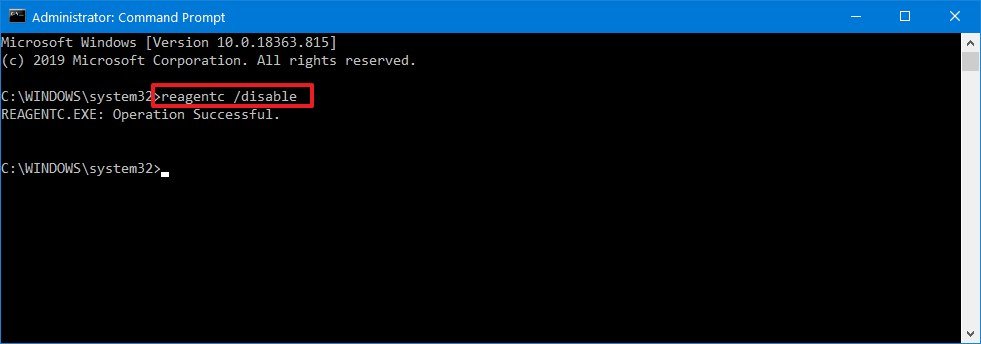 Command to disable Windows Recovery Environment