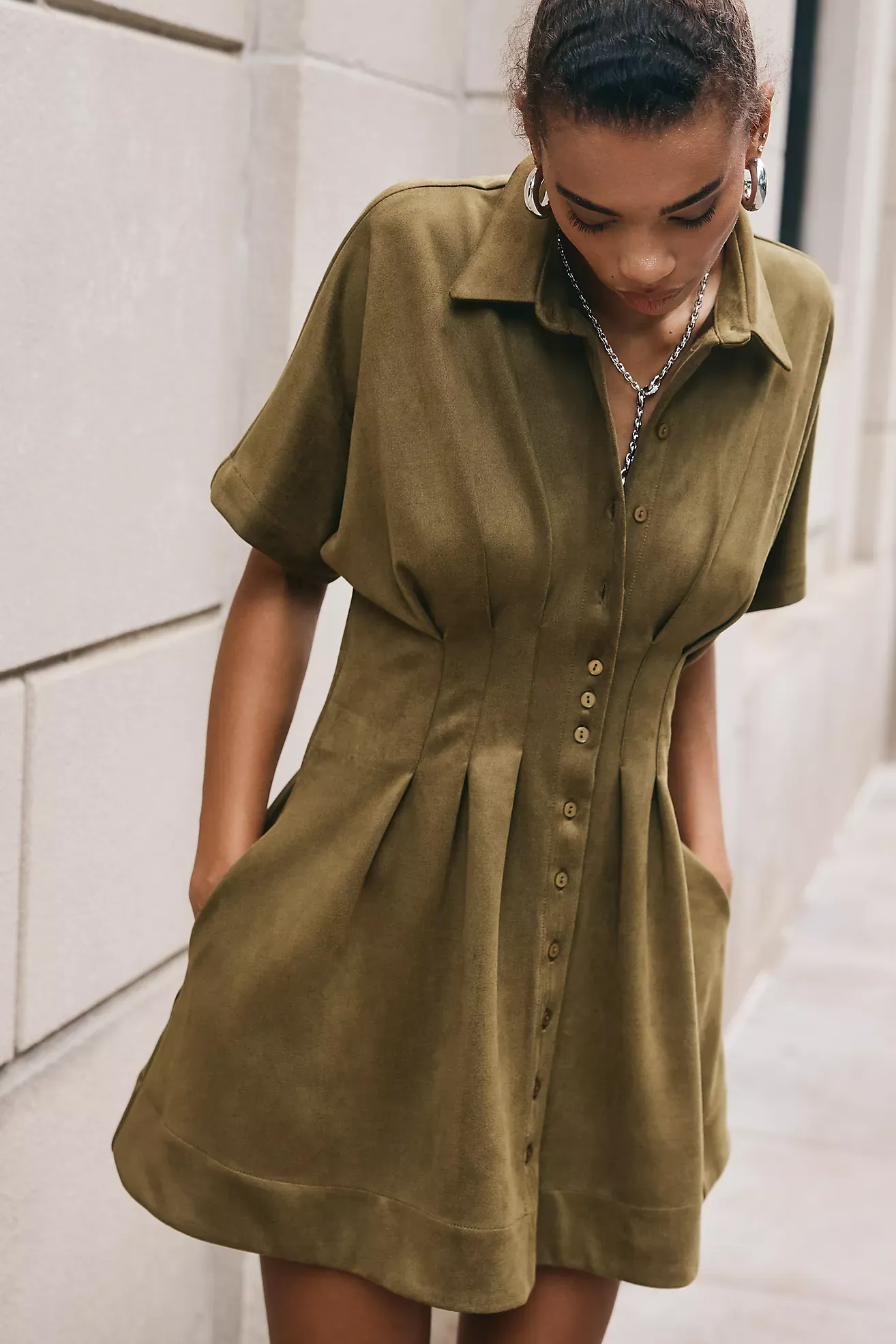 Anthropologie, The Tobie Faux-Suede Mini Shirt Dress by Exquise