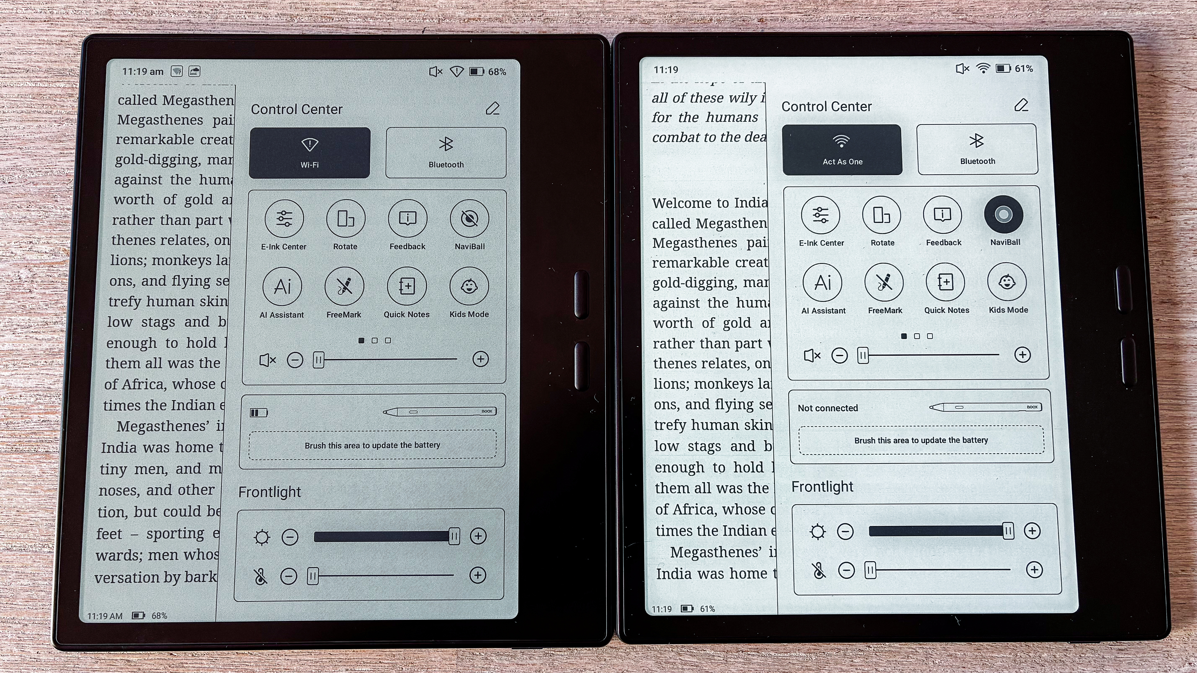 A side-by-side frontlight comparison of the Boox Go Color 7 Gen II (left) and the Boox Go 7 (right)