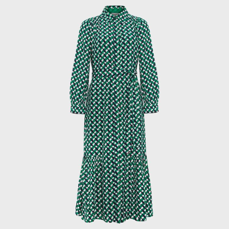 shirt dress with green white and black print
