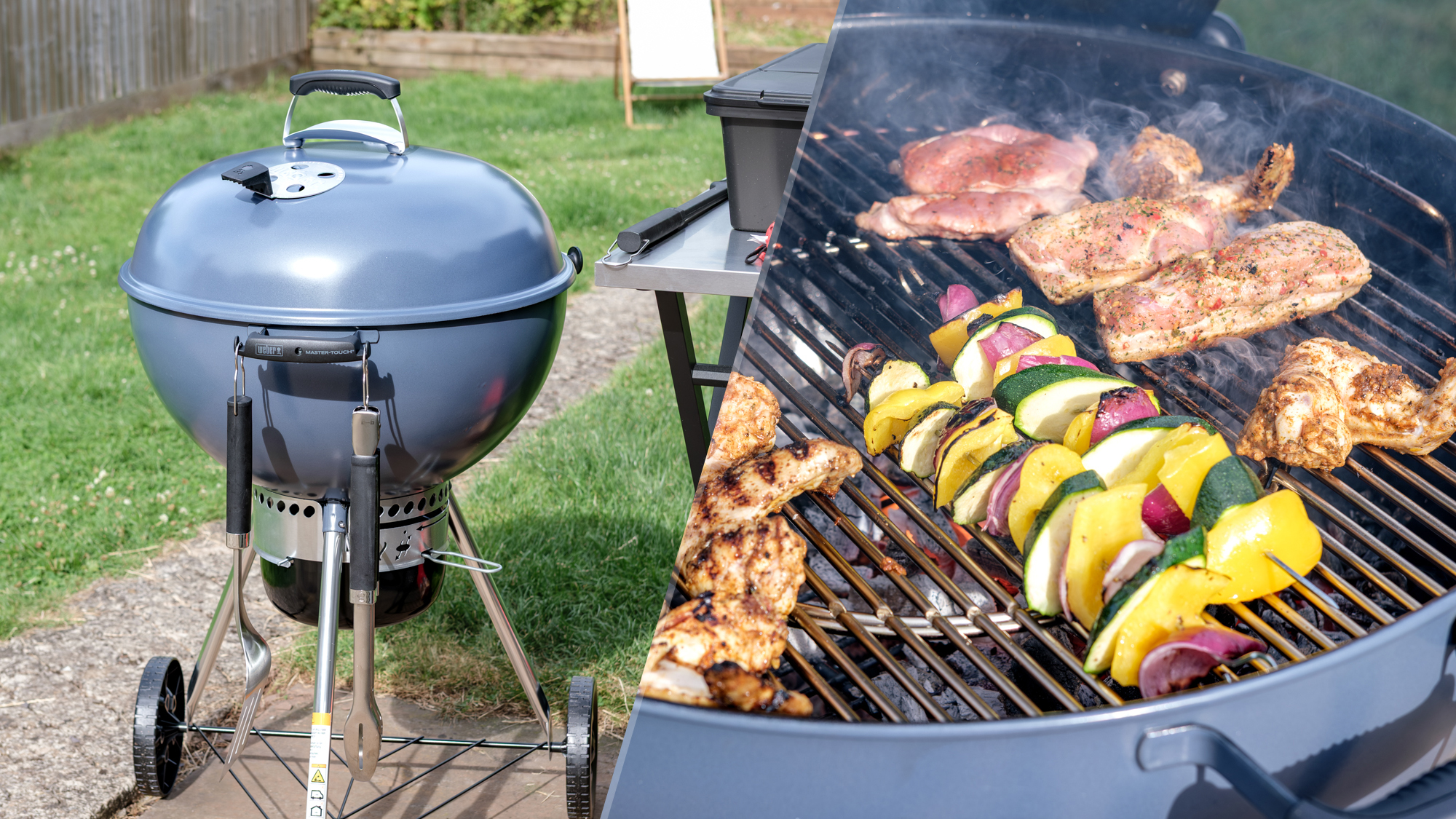 A split image with the Weber Master-Touch on the left and grilled food on the right, being cooked on the Master-Touch