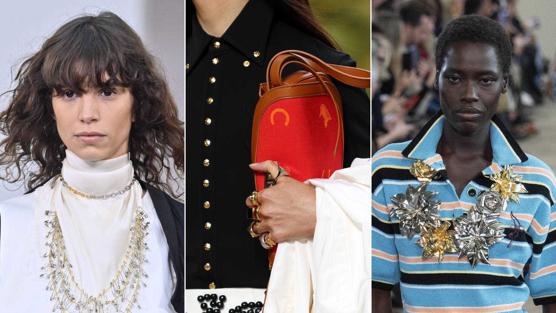 Three models wear different gold and silver jewellery together on the 2026 spring summer catwalk