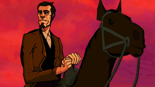 A screenshot from Outlaws showing a tall man on a horse