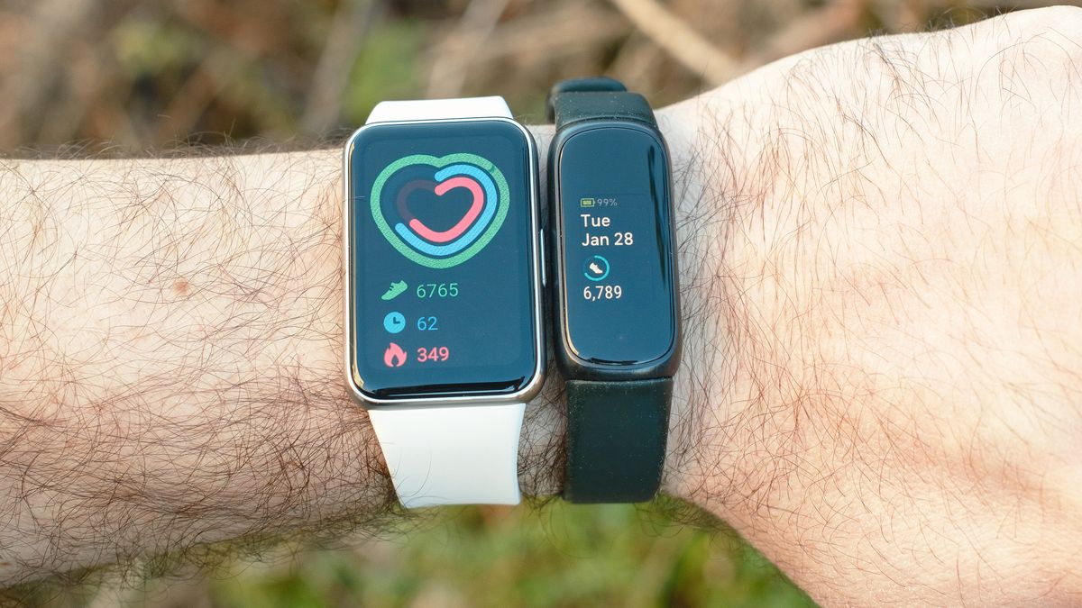 The Samsung Galaxy Fit3 next to the Fitbit Inspire 3 on a user&#039;s wrist with each screen showing the total step count for the day