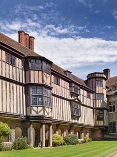 Fig 2: The President’s Lodge gallery range. The terminating spires of the projecting turrets and the pediments along the wall head were trimmed off in the 18th century. Queens' College, Cambridge. ©Will Pryce for Country Life