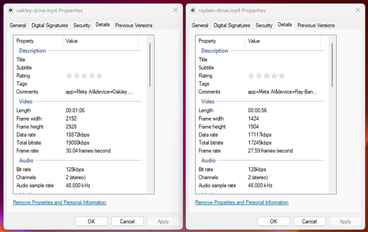 Comparing the resolution and bit rate between Ray-Ban Meta Smart Glasses 1080p video and Oakley Smart Glasses 3K video