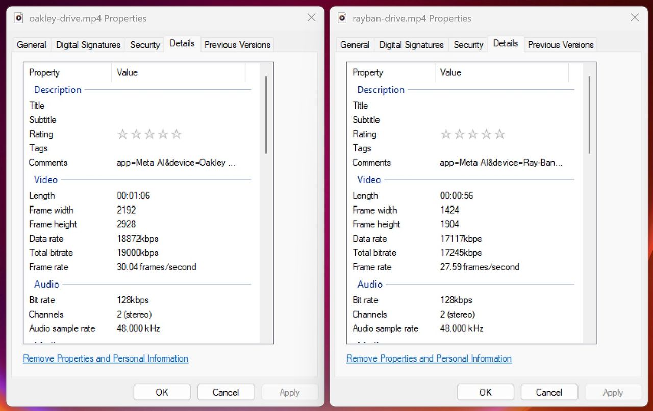 Comparing the resolution and bit rate between Ray-Ban Meta Smart Glasses 1080p video and Oakley Smart Glasses 3K video