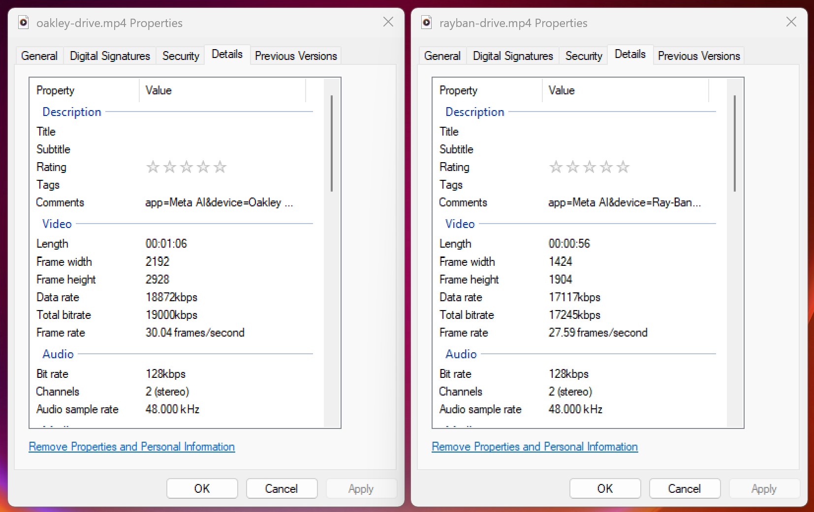 Comparing the resolution and bit rate between Ray-Ban Meta Smart Glasses 1080p video and Oakley Smart Glasses 3K video