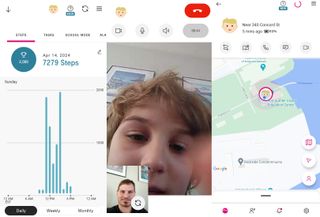 Screenshots from the T-Mobile SyncUP Kids Watch phone app showing step tracking, video calling, and real-time location tracking