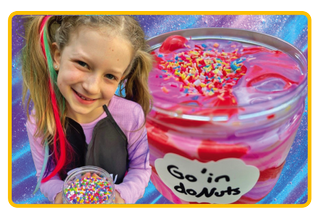 Image of young girl, Alexa Dunsche, with a tub of slime