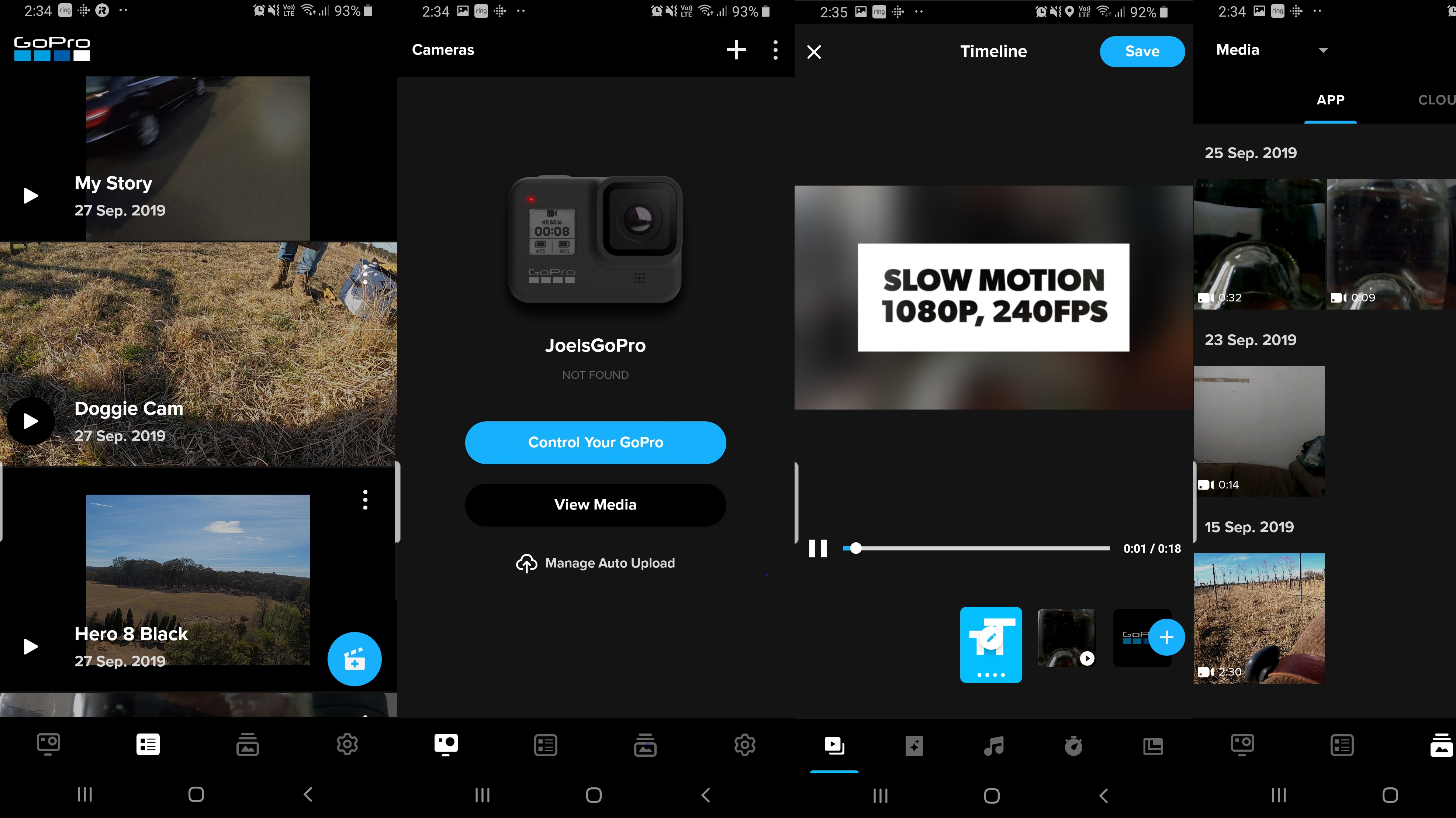 From left: Quick movie library, GoPro control, Quick movie editor and clip library. 