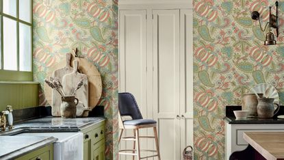 Green kitchen wallpaper by Little Greene