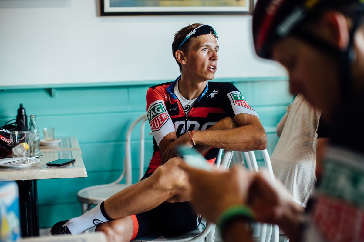 Dylan Teuns on the rest day coffee stop.