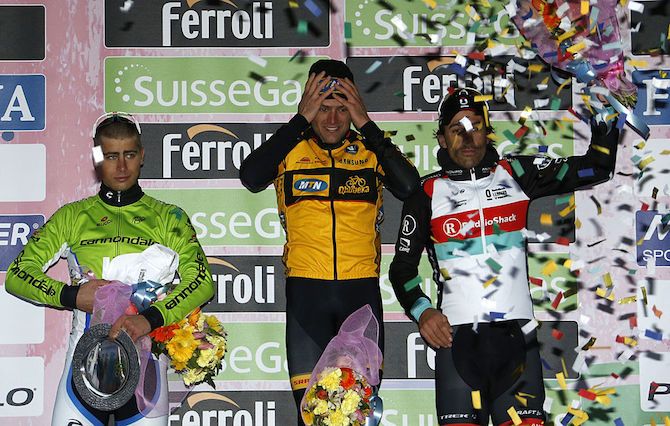 Gerlad Ciolek can't believe he's just won the 2013 Milan-San Remo, while Peter Sagan and Fabian Cancellara can't believe they've just lost