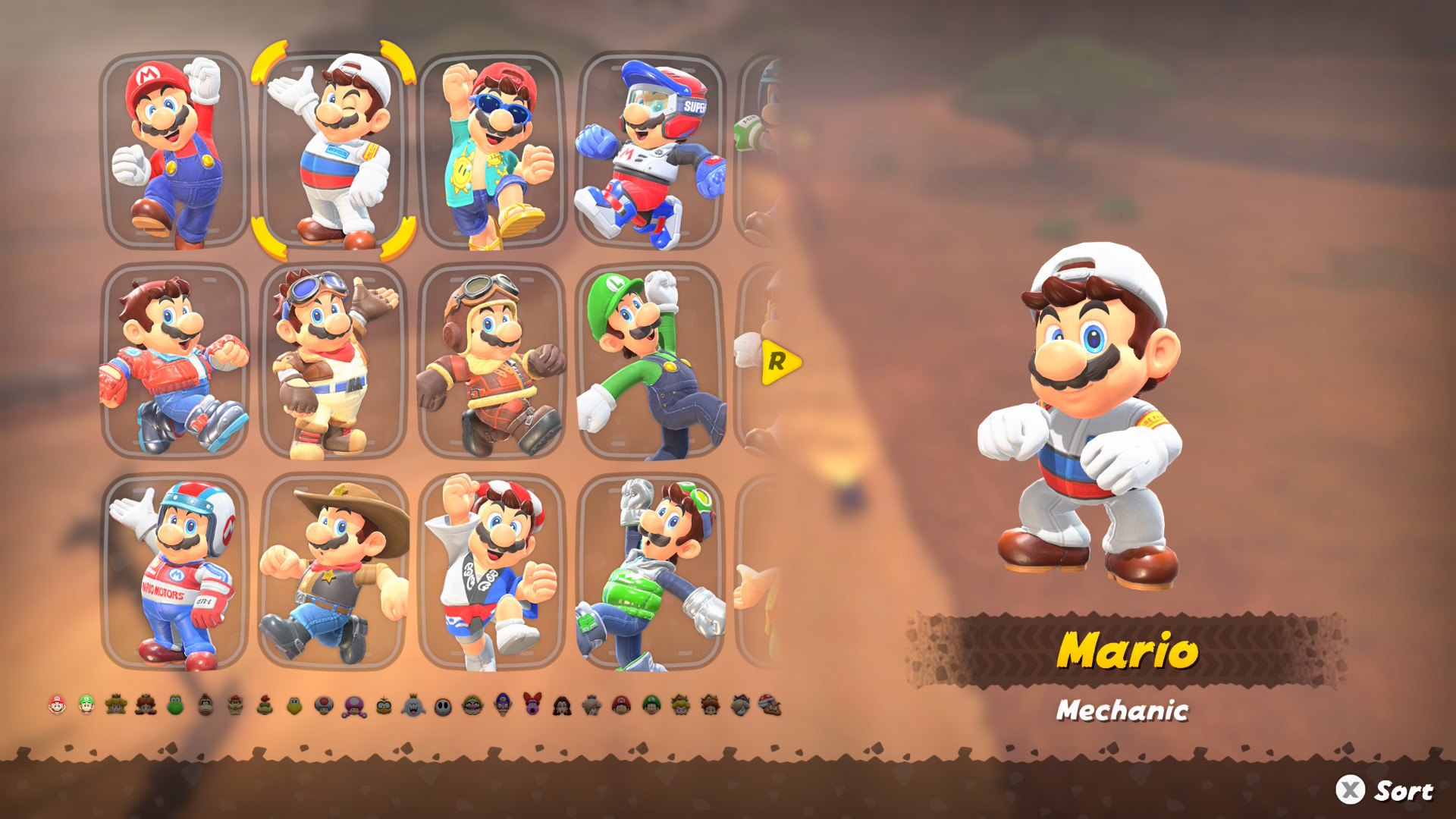 Mario Kart World Mario outfits including Mechanic