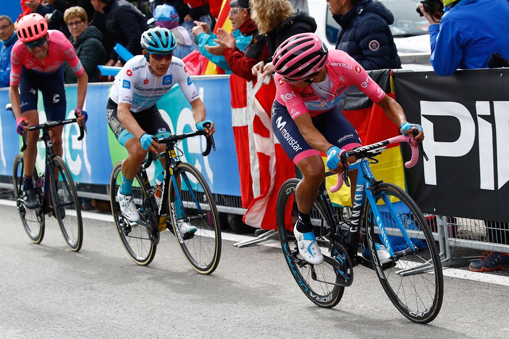 Richard Carapaz and Miguel Angel Lopez ride to the finish of stage 17 at the Giro