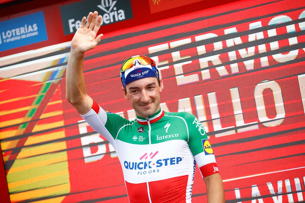 Elia Viviani (Quick-Step Floors) on the podium after winning stage 10 at the 2018 Vuelta a Espana