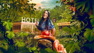 An image of Vicki superimposed on a jungle background with temptations in the form of a hotel and Chinese take away. There is also a bright red apple in the foreground with a dangerous looking orange snake coiled around it. 