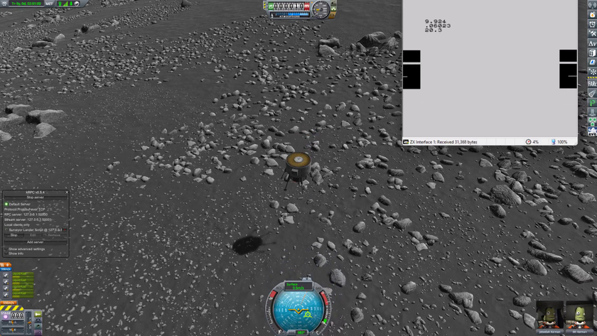 A screenshot from Kerbal Space Program, showing a lunar lander being piloted by a ZX Spectrum running Sinclair BASIC