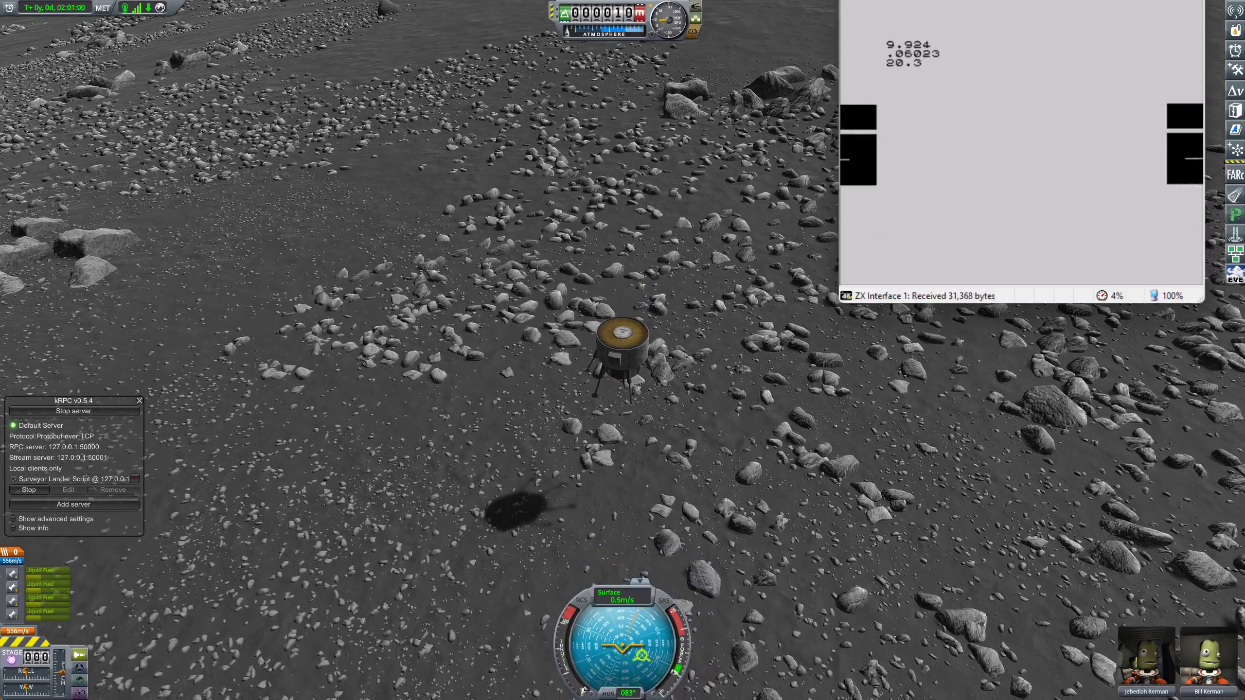 A screenshot from Kerbal Space Program, showing a lunar lander being piloted by a ZX Spectrum running Sinclair BASIC