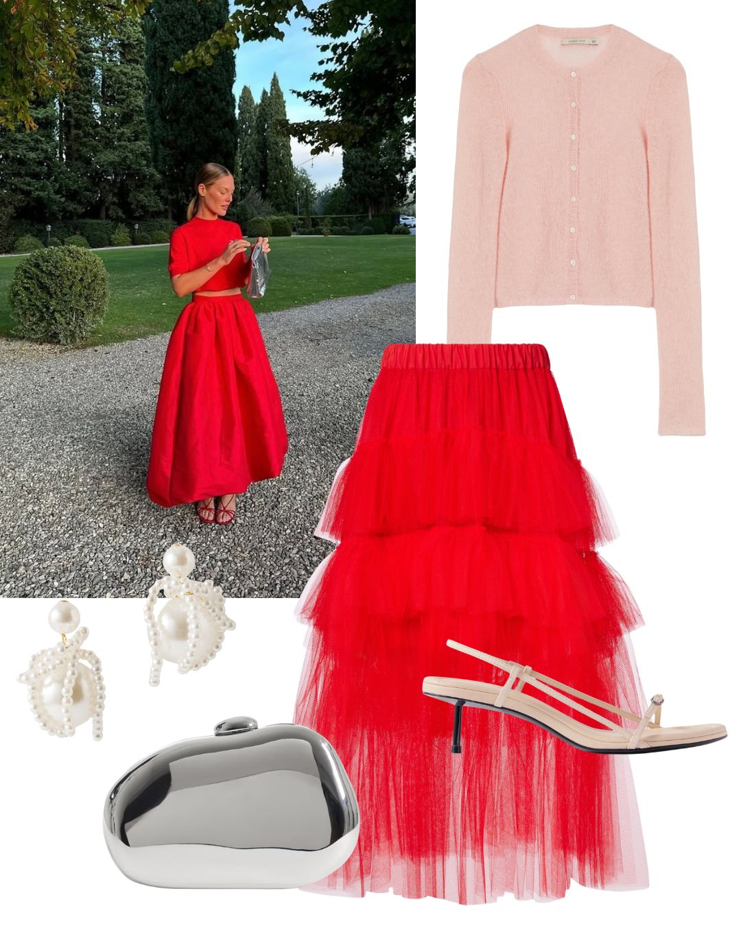 a photo of Tine Van Cauwenberghe wearing a red skirt and top for a wedding, surrounded by cut-outs of a pink cardigan, red skirt, pearl earrings, silver bag and strappy sandal heels