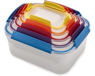 A set of 12 food storage containers with colored lids