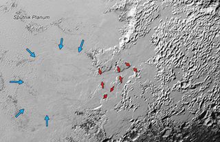 This New Horizons image shows how ice (probably frozen nitrogen) is flowing from Pluto’s mountains through valleys (outlined by red arrows) onto the plains known as Sputnik Planum; the “flow front” there is outlined by blue arrows in this photo, which covers an area 390 miles (630-kilometer) wide.