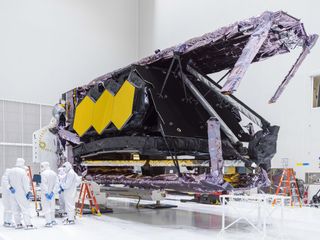 NASA's James Webb Space Telescope in a cleanroom at Europe's Spaceport in Kourou, French Guiana, in October 2021. The observatory is scheduled to launch on Dec. 18.