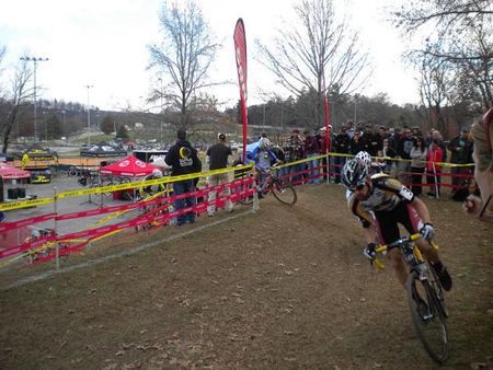 Brian Matter (Gear Grinder) sprinting out of "the wall" to the final turn before the pavement finish ahead of Davide Frattini (Hudz - Subaru) and Ryan Knapp (BikeReg.com).