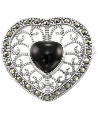 Marcasite (0.38 Ct. T.w.) and Black Onyx (3 Ct. T.w.) Heart Brooch in Sterling Silver