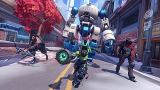 Overwatch 2's Lucio, Cassidy and Hanzo on a street with a robot behind them